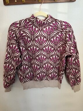Pink & Brown Floral Pattern Mock Neck Sweater